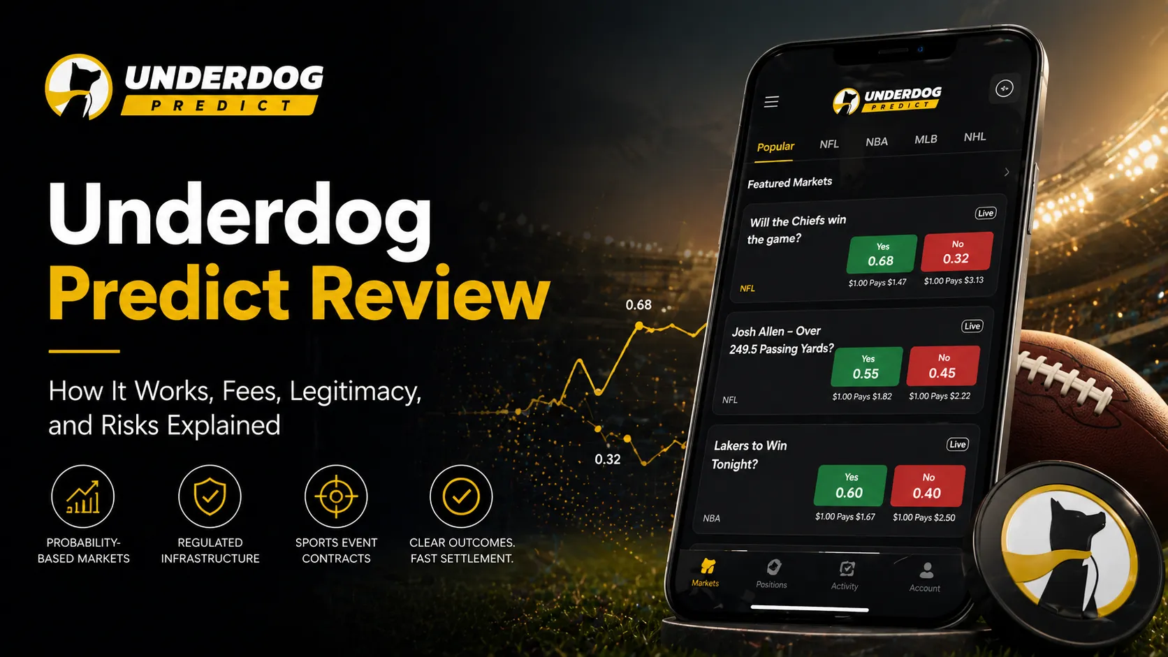 Smartphone displaying a sports prediction market interface with probability-based contracts, set against a stadium background with financial-style charts and analytics overlays